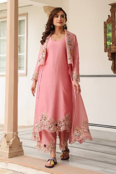 Shop_Label Niti Bothra_Pink Chanderi, Silk, Organza Embroidery Round Neck Jacket Style Kurta Set _Online_at_Aza_Fashions