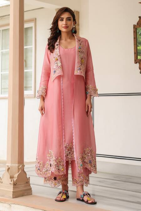 Label Niti Bothra_Pink Chanderi, Silk, Organza Embroidery Round Neck Jacket Style Kurta Set _at_Aza_Fashions
