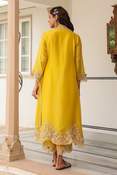 Shop_Label Niti Bothra_Yellow Organza, Silk, Chanderi Embroidery Round Neck, Jacket Style Kurta Set _at_Aza_Fashions