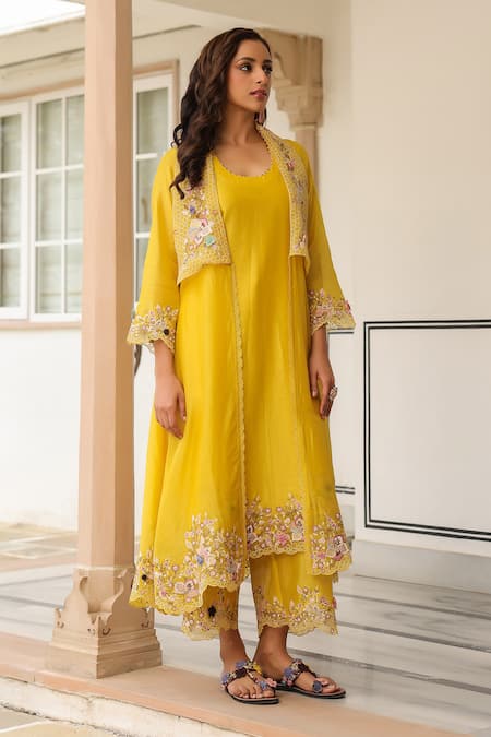 Buy_Label Niti Bothra_Yellow Organza, Silk, Chanderi Embroidery Round Neck, Jacket Style Kurta Set _Online_at_Aza_Fashions