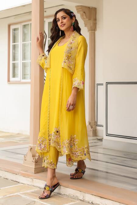 Shop_Label Niti Bothra_Yellow Organza, Silk, Chanderi Embroidery Round Neck, Jacket Style Kurta Set _Online_at_Aza_Fashions