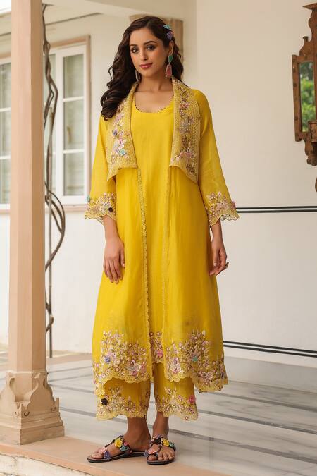 Label Niti Bothra_Yellow Organza, Silk, Chanderi Embroidery Round Neck, Jacket Style Kurta Set _at_Aza_Fashions