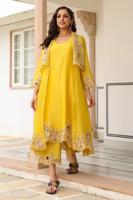Buy_Label Niti Bothra_Yellow Organza, Silk, Chanderi Embroidery Round Neck, Jacket Style Kurta Set 