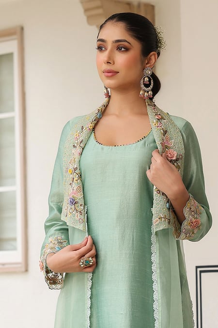 Label Niti Bothra Green Organza, Silk, Chanderi Embroidery Round Neck Floral Jacket Kurta Set Online at Aza Fashions Label Niti Bothra_Green Organza, Silk, Chanderi Embroidery Round Neck Floral Jacket Kurta Set _Online_at_Aza_Fashions