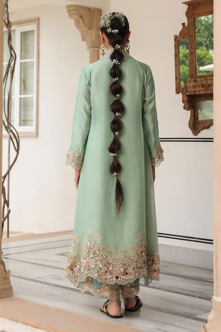 Shop_Label Niti Bothra_Green Organza, Silk, Chanderi Embroidery Round Neck Floral Jacket Kurta Set _at_Aza_Fashions