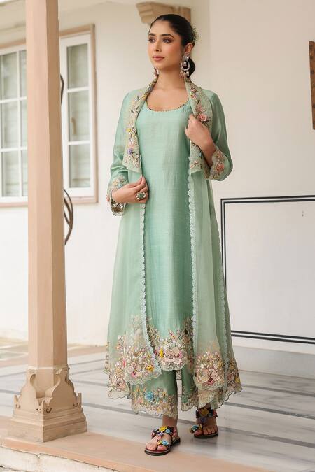 Buy_Label Niti Bothra_Green Organza, Silk, Chanderi Embroidery Round Neck Floral Jacket Kurta Set _Online_at_Aza_Fashions