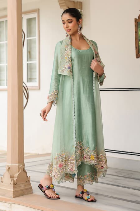 Shop_Label Niti Bothra_Green Organza, Silk, Chanderi Embroidery Round Neck Floral Jacket Kurta Set _Online_at_Aza_Fashions