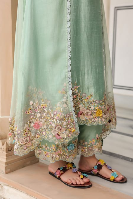 Label Niti Bothra_Green Organza, Silk, Chanderi Embroidery Round Neck Floral Jacket Kurta Set _at_Aza_Fashions