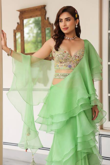 Label Niti Bothra_Green Organza, Georgette Embroidery, Beads V-neck Ruffle Pre-draped Saree _Online_at_Aza_Fashions