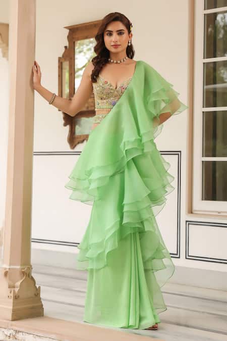 Buy_Label Niti Bothra_Green Organza, Georgette Embroidery, Beads V-neck Ruffle Pre-draped Saree _Online_at_Aza_Fashions