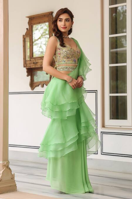 Shop_Label Niti Bothra_Green Organza, Georgette Embroidery, Beads V-neck Ruffle Pre-draped Saree _Online_at_Aza_Fashions