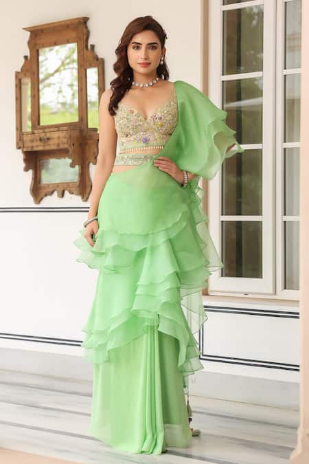 Label Niti Bothra_Green Organza, Georgette Embroidery, Beads V-neck Ruffle Pre-draped Saree _at_Aza_Fashions