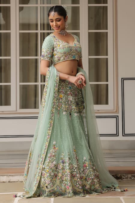 Label Niti Bothra_Green Net Embroidery, Sequins V-neck Lehenga Set With Dupatta _Online_at_Aza_Fashions