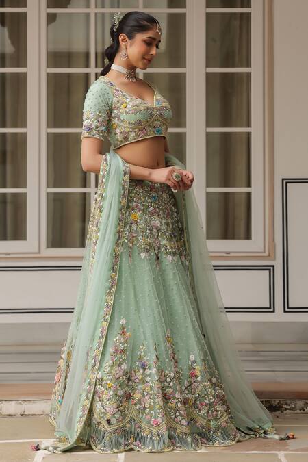 Buy_Label Niti Bothra_Green Net Embroidery, Sequins V-neck Lehenga Set With Dupatta _Online_at_Aza_Fashions