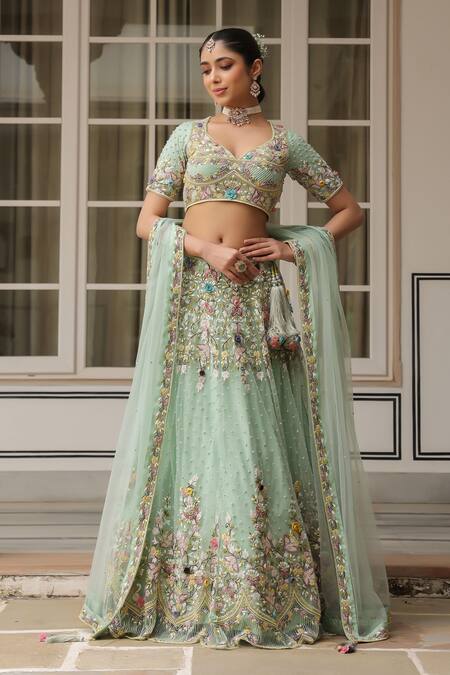 Shop_Label Niti Bothra_Green Net Embroidery, Sequins V-neck Lehenga Set With Dupatta _Online_at_Aza_Fashions