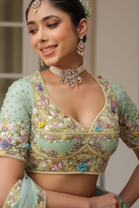 Label Niti Bothra_Green Net Embroidery, Sequins V-neck Lehenga Set With Dupatta _at_Aza_Fashions