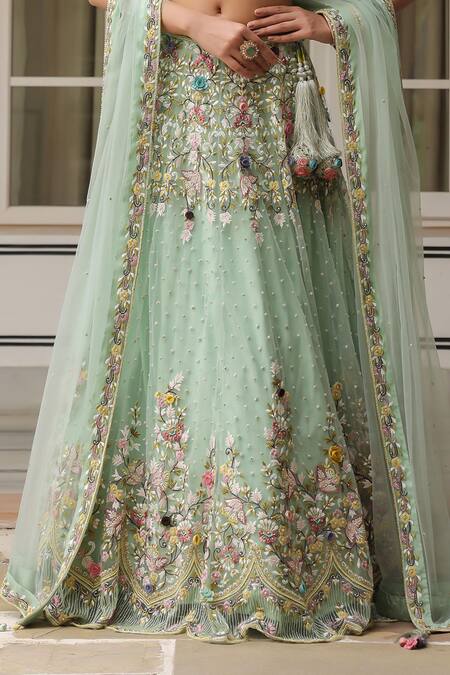 Buy_Label Niti Bothra_Green Net Embroidery, Sequins V-neck Lehenga Set With Dupatta 