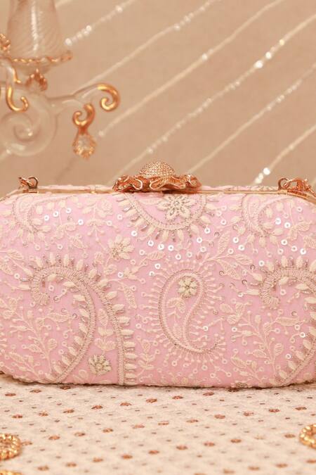 Amyra_Pink Embroidery, Sequins Threadwork Clutch _Online_at_Aza_Fashions