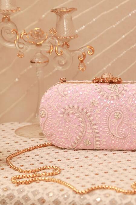 Shop_Amyra_Pink Embroidery, Sequins Threadwork Clutch _Online_at_Aza_Fashions
