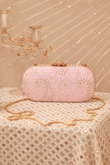 Shop_Amyra_Pink Embroidery, Sequins Threadwork Clutch _at_Aza_Fashions