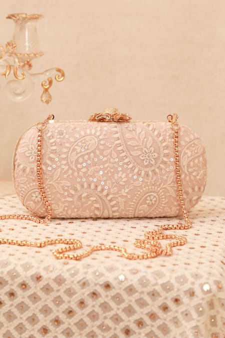 Shop Amyra Peach Embroidery, Sequins Threadwork Clutch at Aza Fashions Shop_Amyra_Peach Embroidery, Sequins Threadwork Clutch _at_Aza_Fashions