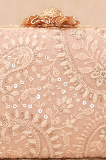 Shop Amyra Peach Embroidery, Sequins Threadwork Clutch Online at Aza Fashions Shop_Amyra_Peach Embroidery, Sequins Threadwork Clutch _Online_at_Aza_Fashions