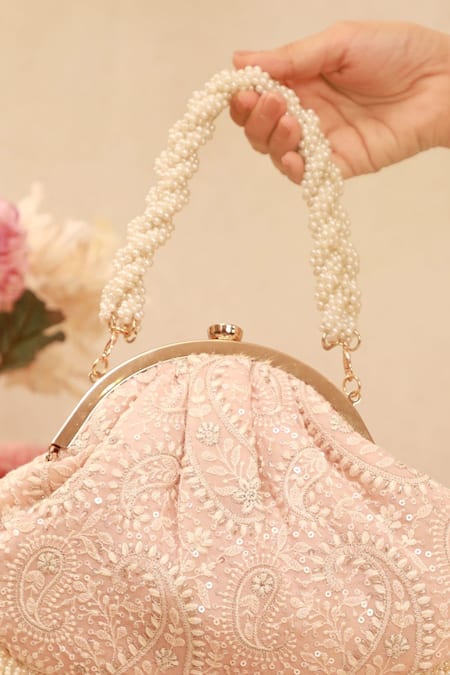 Shop_Amyra_Peach Embroidery, Pearls Vintage Threadwork Clutch _at_Aza_Fashions