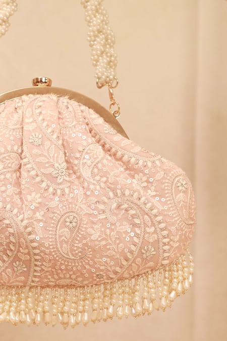 Amyra_Peach Embroidery, Pearls Vintage Threadwork Clutch _Online_at_Aza_Fashions