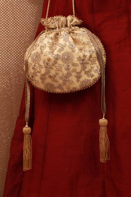 Amyra_Gold Embroidery, Beads Potli Bag With Tassels _Online_at_Aza_Fashions