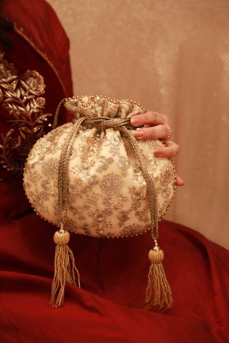 Buy_Amyra_Gold Embroidery, Beads Potli Bag With Tassels _Online_at_Aza_Fashions