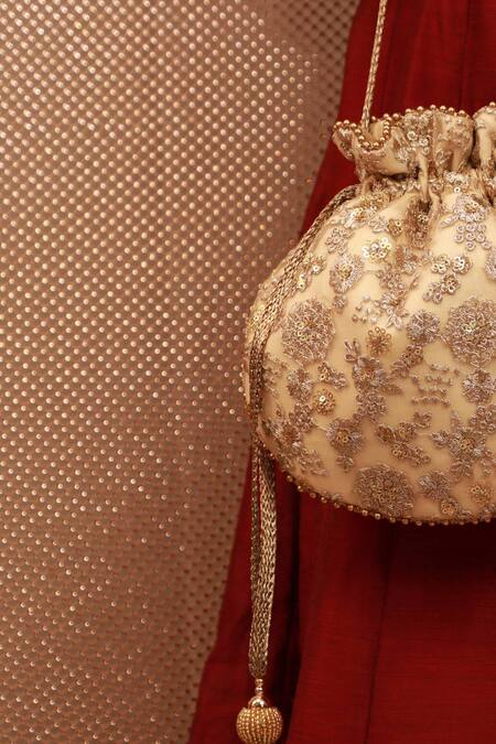 Shop_Amyra_Gold Embroidery, Beads Potli Bag With Tassels _Online_at_Aza_Fashions