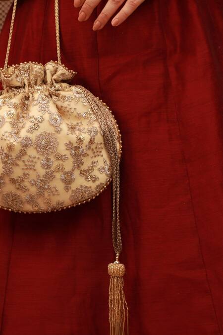 Amyra_Gold Embroidery, Beads Potli Bag With Tassels _at_Aza_Fashions