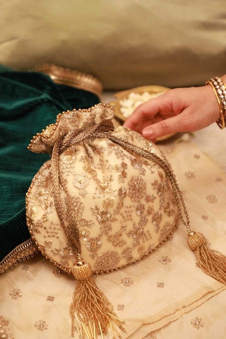 Shop_Amyra_Gold Embroidery, Beads Potli Bag With Tassels _at_Aza_Fashions