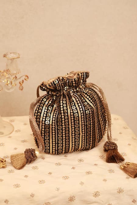 Shop_Amyra_Black Sequins, Beads Antique And Gold Potli _at_Aza_Fashions