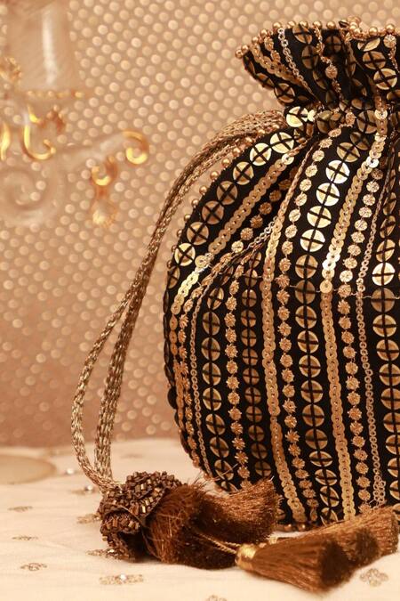 Amyra_Black Sequins, Beads Antique And Gold Potli _Online_at_Aza_Fashions
