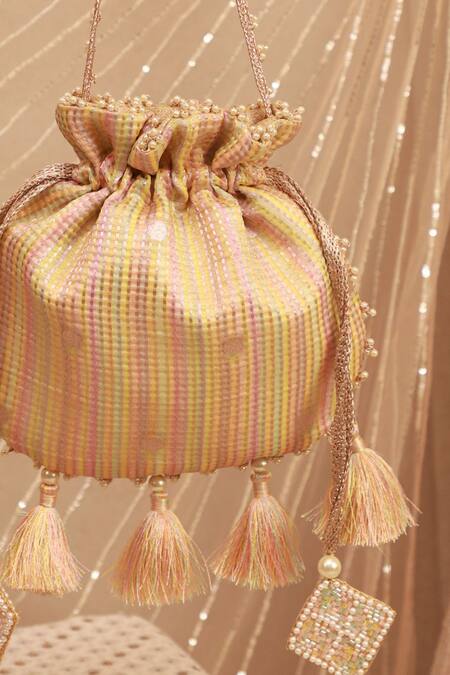 Amyra_Multi Color Tassels, Beads Organza Tissue Potli Bag_Online_at_Aza_Fashions