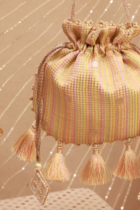 Shop_Amyra_Multi Color Tassels, Beads Organza Tissue Potli Bag_at_Aza_Fashions