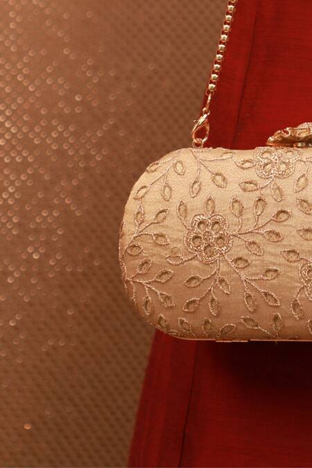Amyra_Gold Embroidery Cutwork Capsule Clutch _Online_at_Aza_Fashions