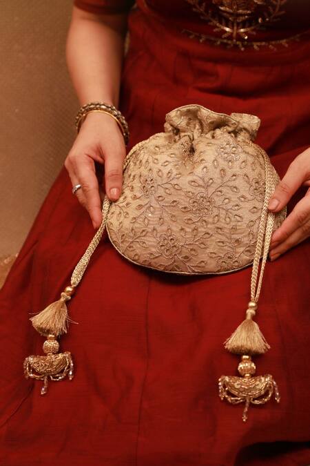 Amyra_Gold Embroidery Cutwork Potli Bag _Online_at_Aza_Fashions