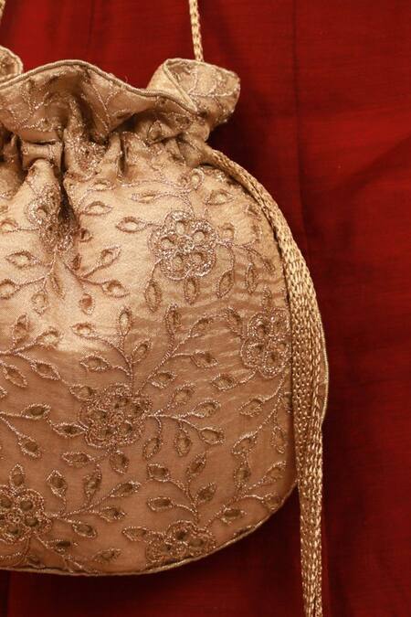 Buy_Amyra_Gold Embroidery Cutwork Potli Bag _Online_at_Aza_Fashions