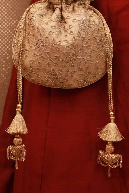 Shop_Amyra_Gold Embroidery Cutwork Potli Bag _Online_at_Aza_Fashions