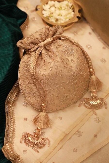 Amyra_Gold Embroidery Cutwork Potli Bag _at_Aza_Fashions