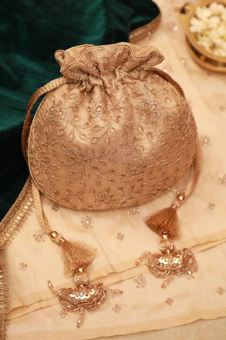 Shop_Amyra_Gold Embroidery Cutwork Potli Bag _at_Aza_Fashions