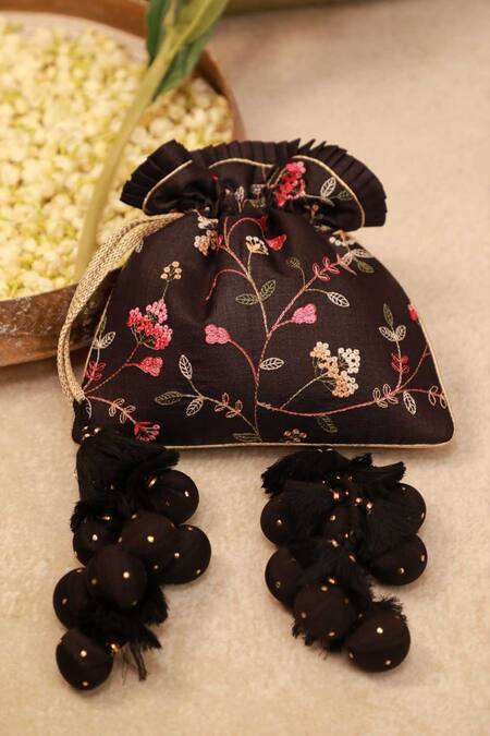 Amyra_Black Embroidery, Tassels Potli Bag _Online_at_Aza_Fashions