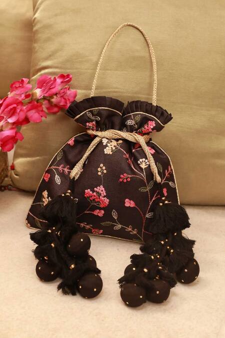 Shop_Amyra_Black Embroidery, Tassels Potli Bag _at_Aza_Fashions