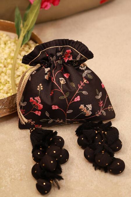 Buy_Amyra_Black Embroidery, Tassels Potli Bag _Online_at_Aza_Fashions
