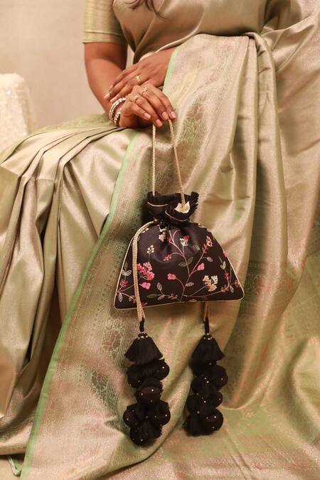Shop_Amyra_Black Embroidery, Tassels Potli Bag _Online_at_Aza_Fashions