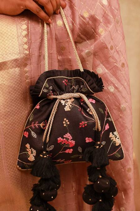 Buy_Amyra_Black Embroidery, Tassels Potli Bag 