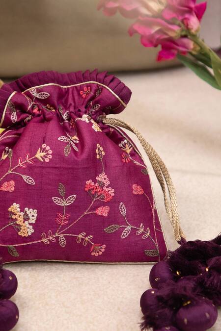 Shop Amyra Purple Embroidery, Tassels Potli Bag With at Aza Fashions Shop_Amyra_Purple Embroidery, Tassels Potli Bag With_at_Aza_Fashions