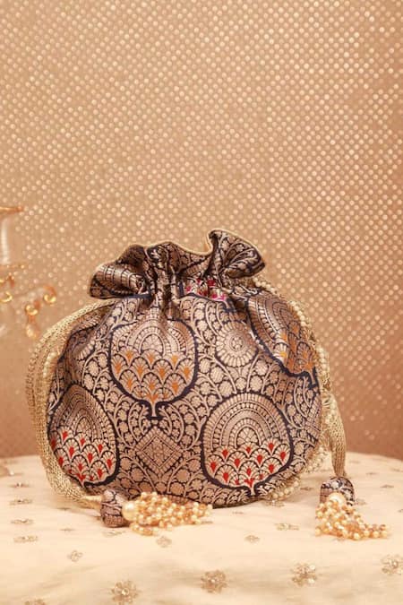 Shop_Amyra_Navy Embroidery, Tassels Banarasi Silk Potli Bag _at_Aza_Fashions